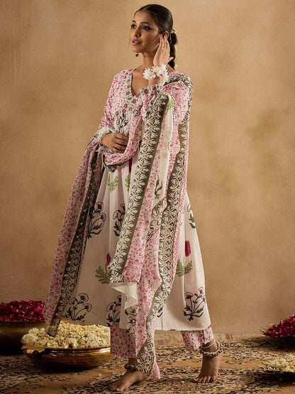 Floral Printed V-Neck Cotton Empire Anarkali Kurta With Trousers & Dupatta