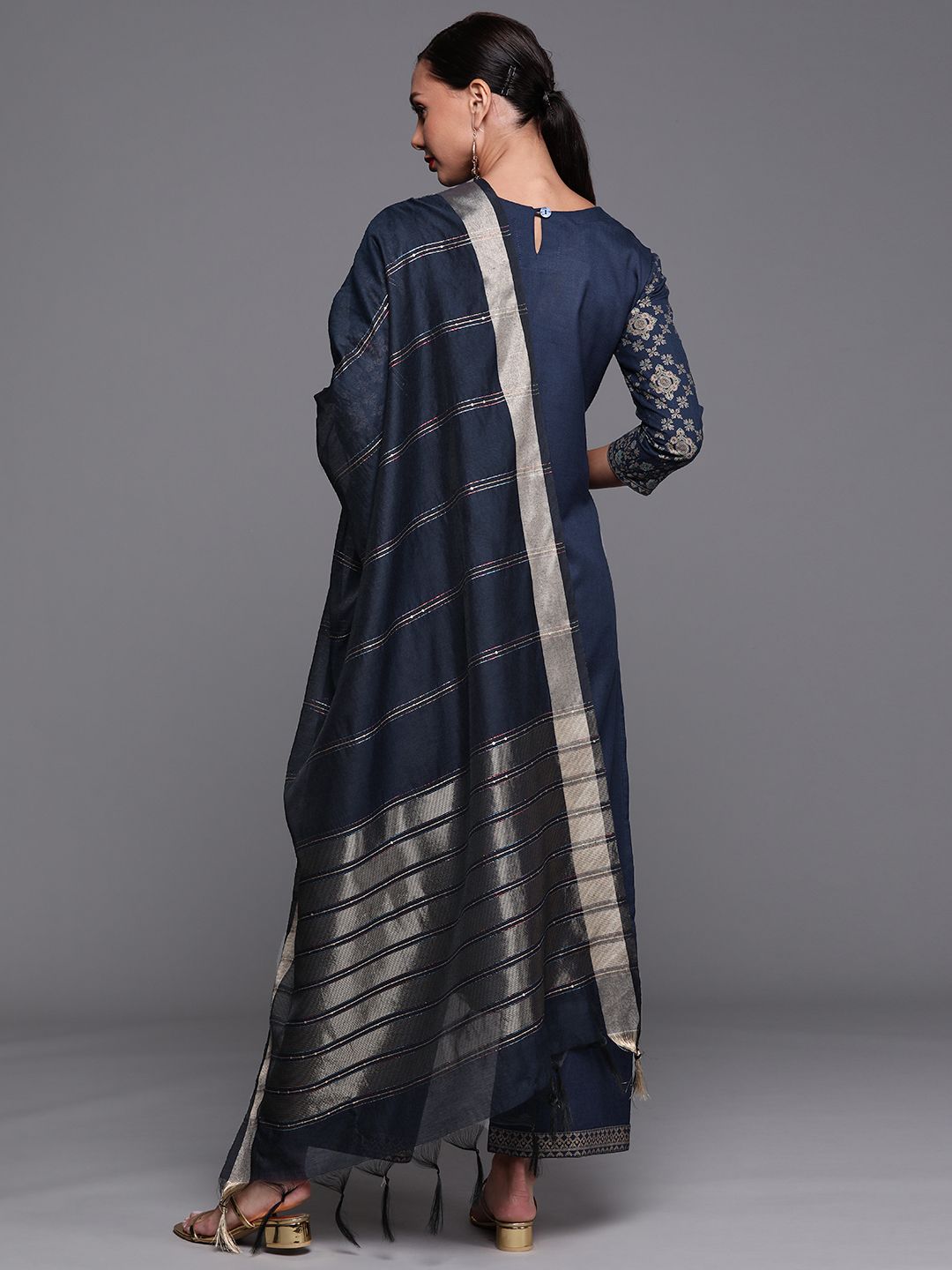Women Navy Blue Ethnic Motifs Foil Print Sequinned Kurta with Palazzos & Dupatta