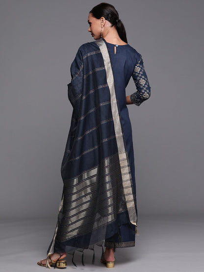 Women Navy Blue Ethnic Motifs Foil Print Sequinned Kurta with Palazzos & Dupatta