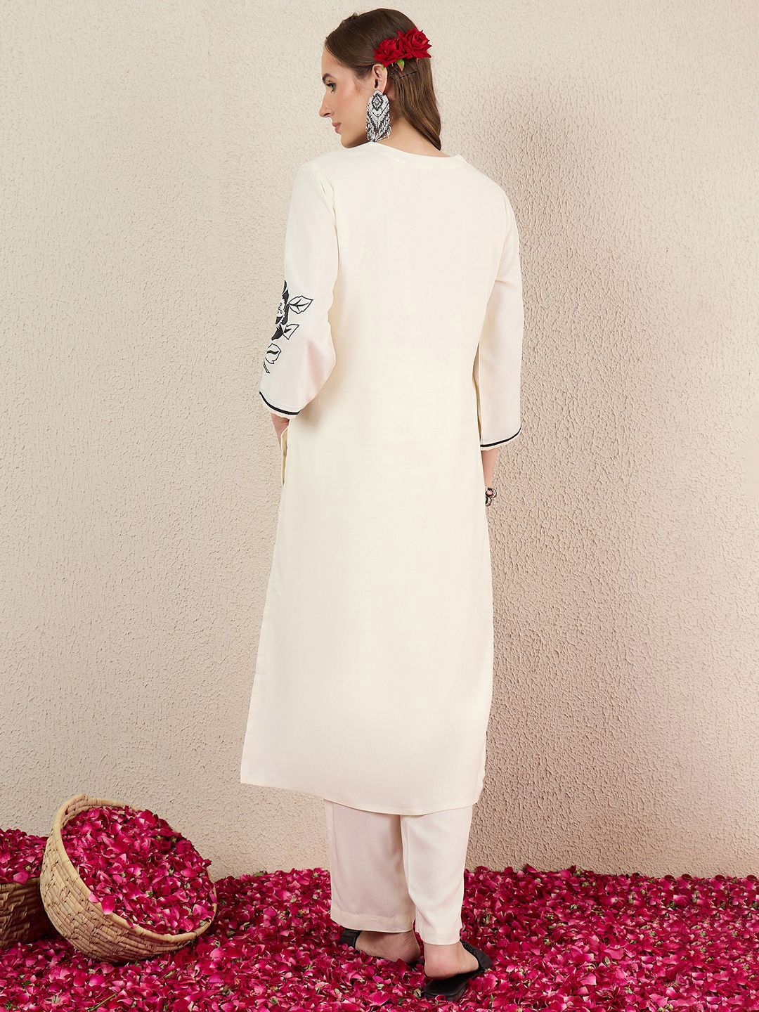 Women Solid Embroidered Kurta with Trousers