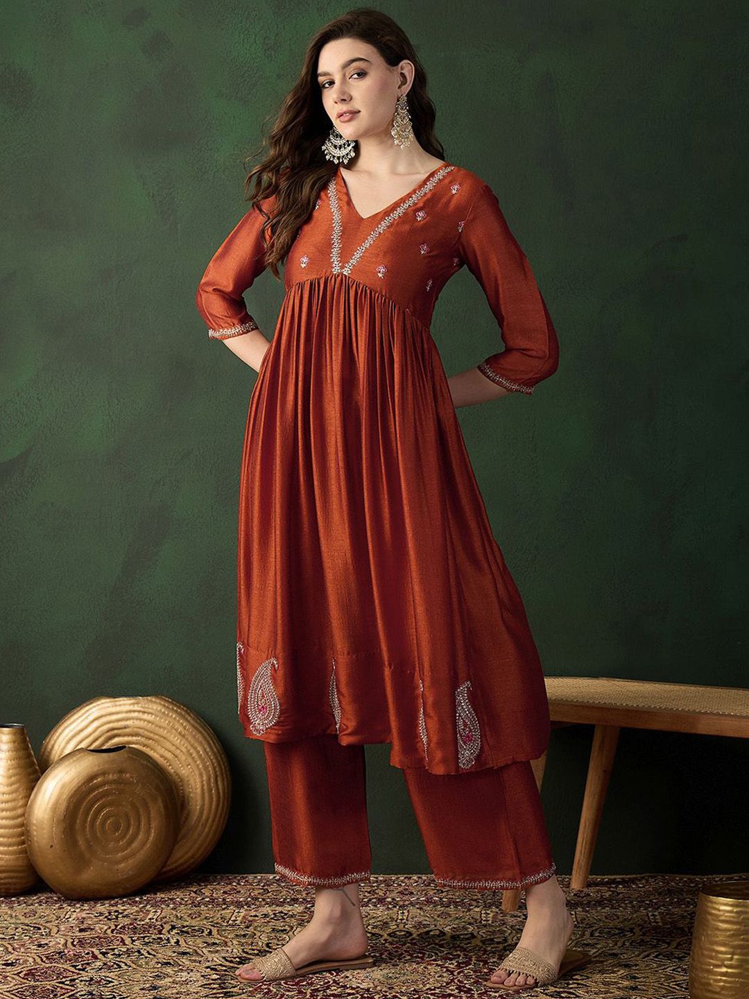 Dhiyona SN Women's Rust Brown Floral Embroidered Empire Anarkali Kurta With Palazzos