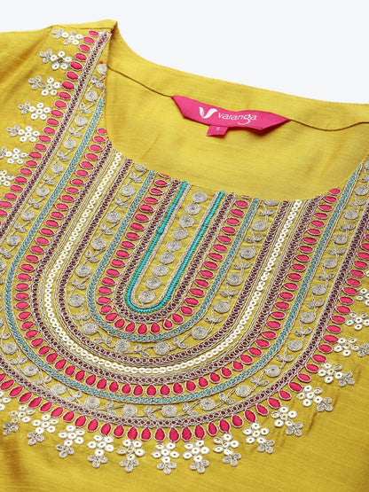 Dhiyona VA Women's Mustard Yellow & Pink Embroidered Kurta with Trousers & Dupatta