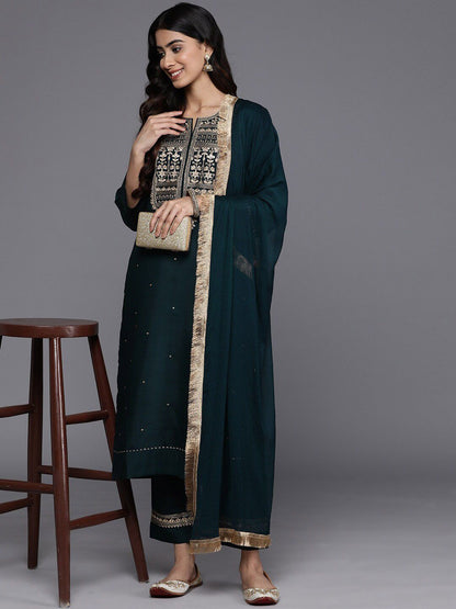 Dhiyona VA Women'sGreen Ethnic Motifs Embroidered Straight Kurta With Trousers & Dupatta