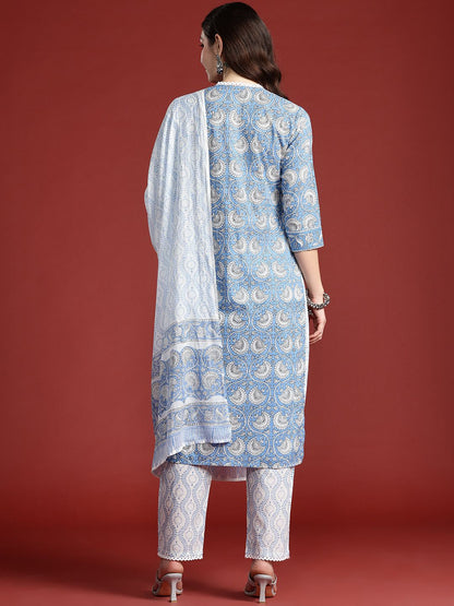 Floral Printed Pure Cotton Kurta with Trousers & With Dupatta