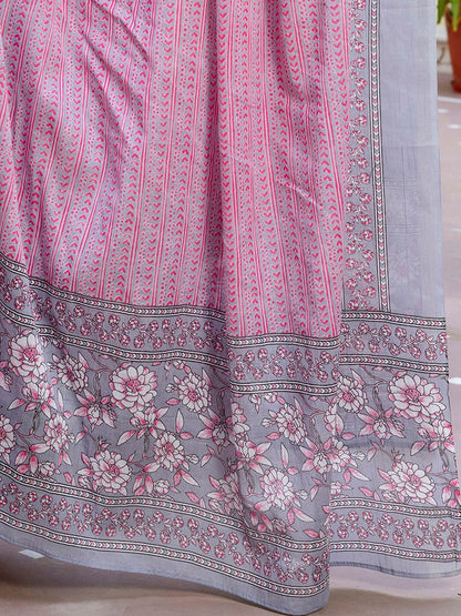 Dhiyona IE Floral Printed Panelled V-Neck Pure Cotton Kurta With Trousers & Dupatta