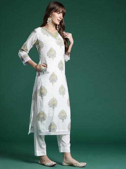 Dhiyona IE Ethnic Motifs Printed Sequinned Pure Cotton Kurta With Trousers & Dupatta