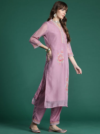 Floral Embroidered Thread Work Kurta with Trousers & With Dupatta