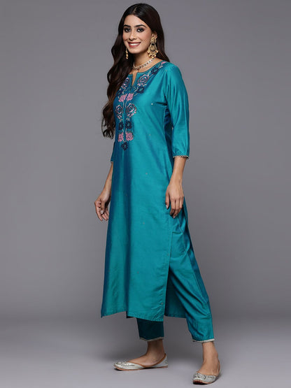 Dhiyona IE Women Teal Floral Embroidered Regular Thread Work Kurta with Trousers & With Dupatta