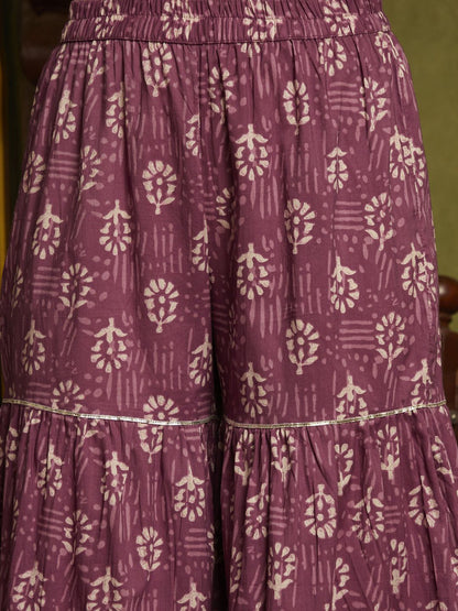 Dhiyona SN Women's Purple Ethnic Motifs Printed A-Line Kurti & Sharara With Dupatta