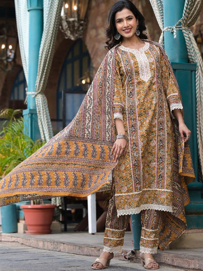 Dhiyona VA Women'sFloral Printed Regular Mirror Work Pure Cotton Kurta with Trousers & Dupatta