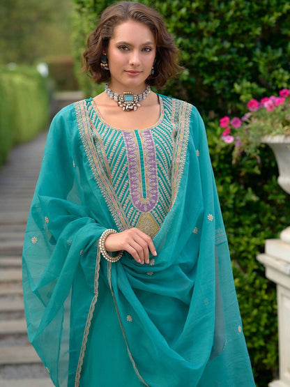 Ethnic Motifs Yoke Design Straight Kurta with Trousers & Dupatta