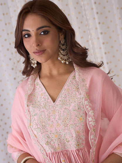 Dhiyona IE Pink Ethnic Motifs Embroidered Aari Work Kurta with Trousers & Dupatta