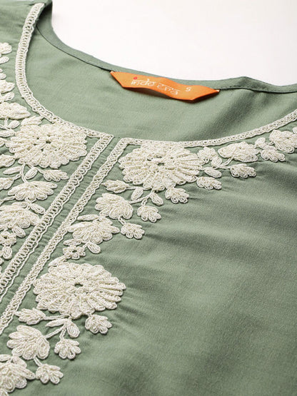 Dhiyona IE Floral Embroidered Thread Work Kurta With Trousers & Dupatta