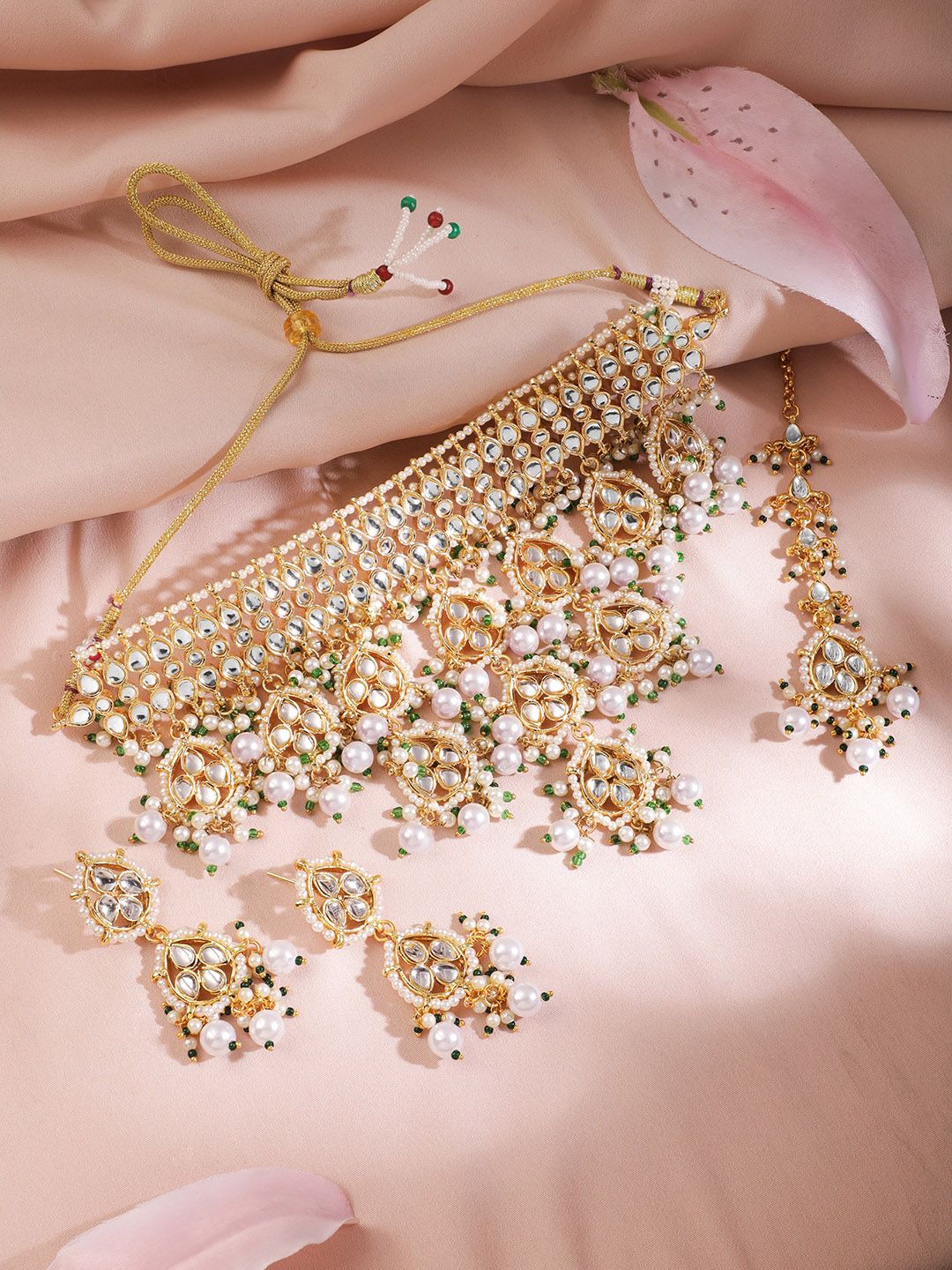 Dhiyona RJ Women's Women 22KT Gold Plated Luxury Kundan Studded White Beaded Choker Necklace Set