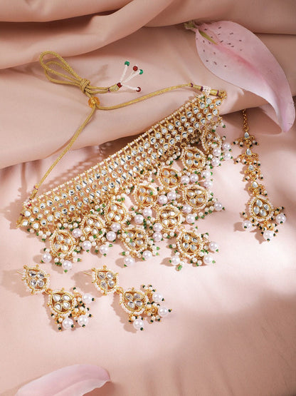 Dhiyona RJ Women's Women 22KT Gold Plated Luxury Kundan Studded White Beaded Choker Necklace Set