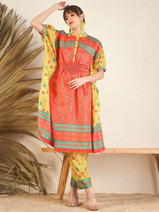 Dhiyona IE Orange Floral Printed Flared Kaftan Kurta with Trouser