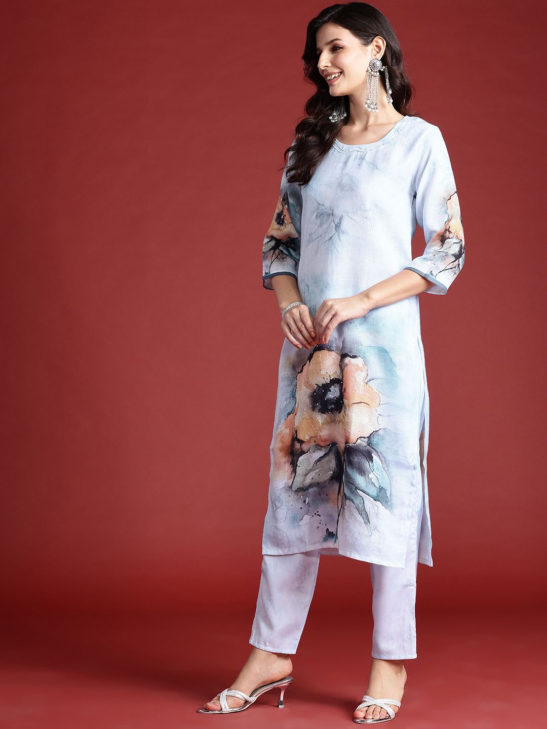 Dhiyona IE Floral Printed Beads & Stones Chanderi Silk Kurta With Trousers & Dupatta