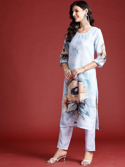 Dhiyona IE Floral Printed Beads & Stones Chanderi Silk Kurta With Trousers & Dupatta