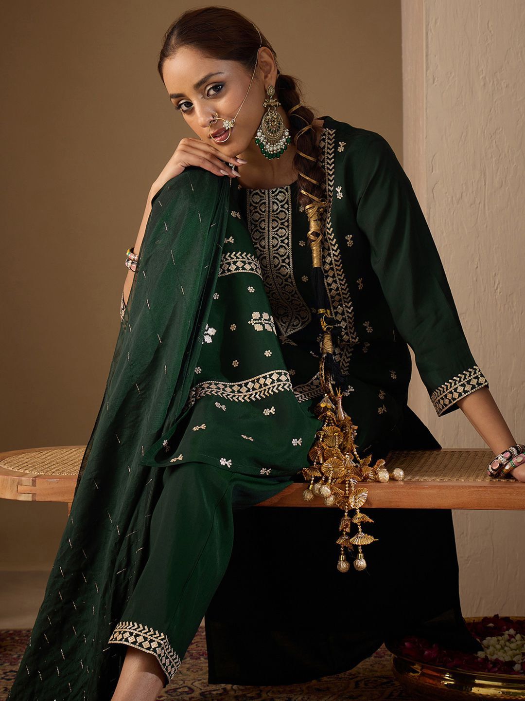Women Ethnic Motifs Embroidered Regular Sequinned Kurta with Trousers & With Dupatta