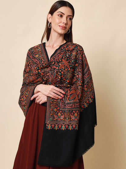Dhiyona PA Women Black Embroidered Pure Wool Shawl