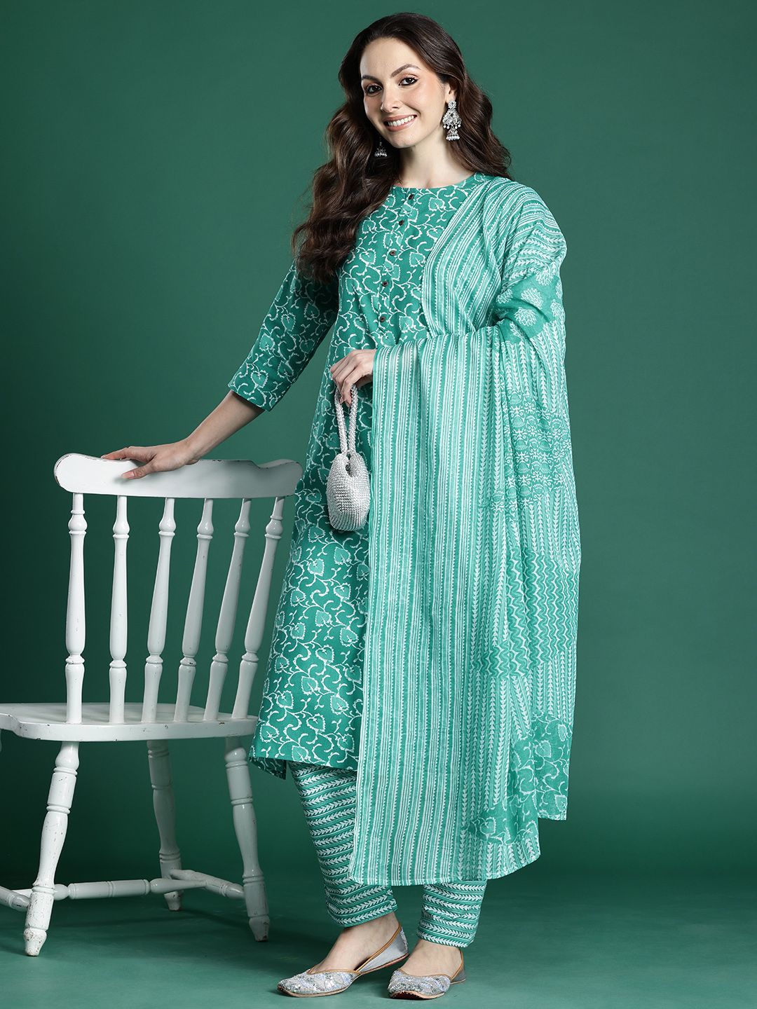 Dhiyona IE Floral Printed Pure Cotton Kurta with Trousers & Dupatta