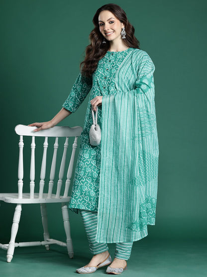 Floral Printed Pure Cotton Kurta with Trousers & Dupatta