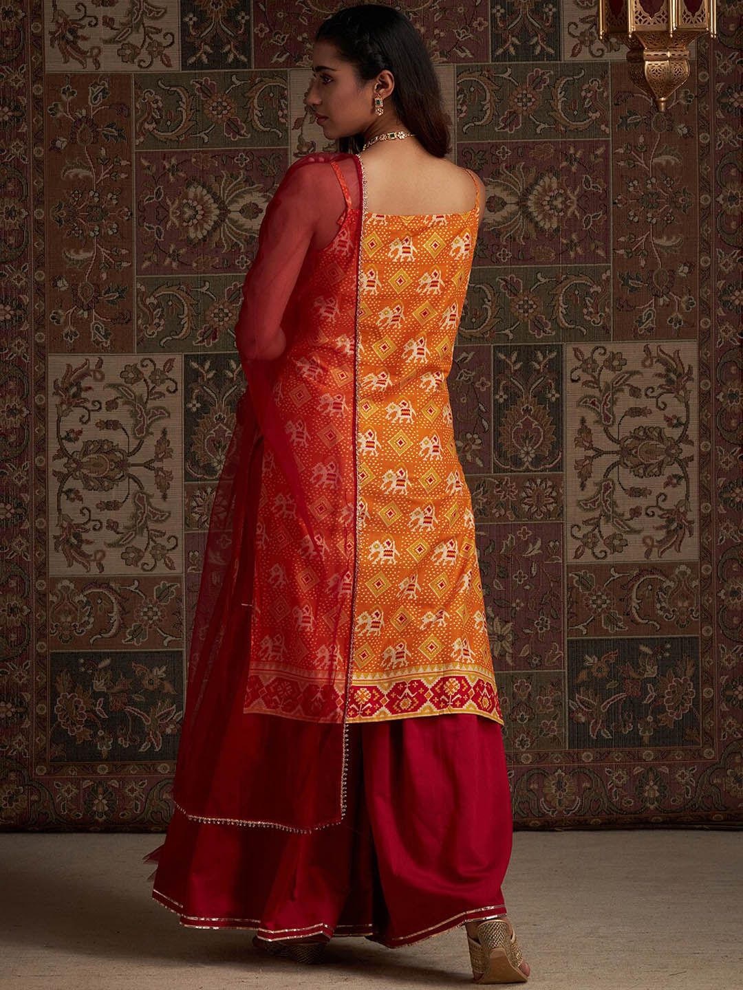 Dhiyona IE Orange Geometric Printed Shoulder Strap Kurta with Sharara & Dupatta