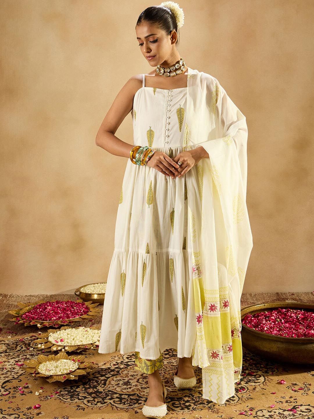 Dhiyona IE Ethnic Motifs Printed Tiered Pure Cotton A-Line Kurta With Trousers & Dupatta