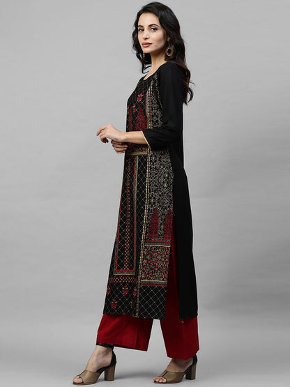 Dhiyona IE Women Black & Maroon Floral Print A-Line Kurta