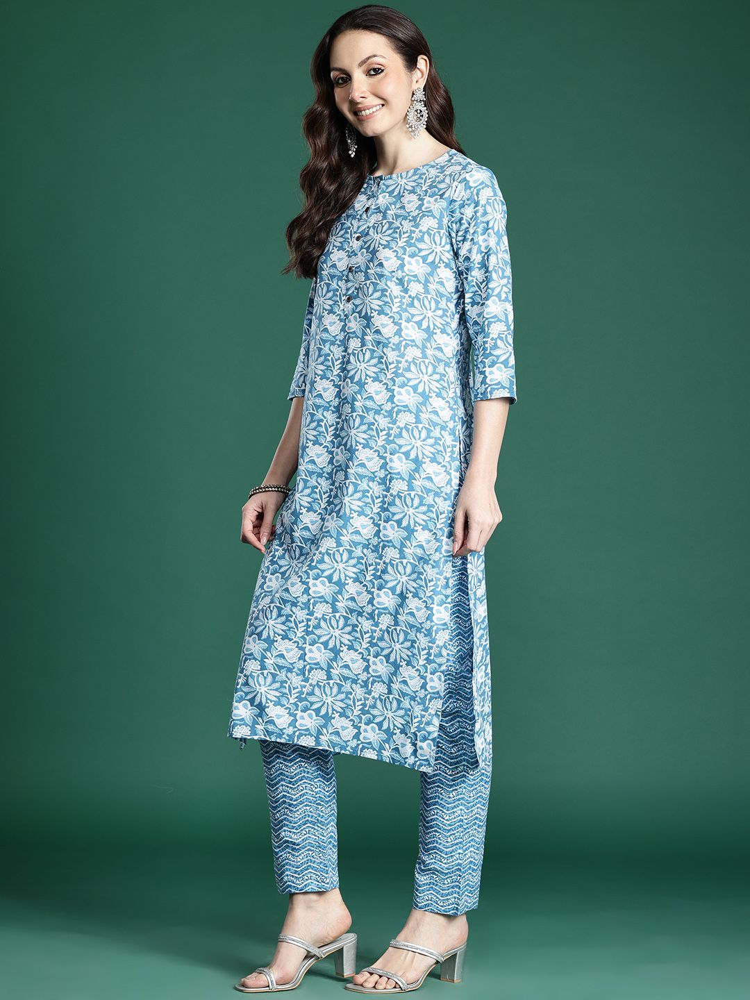 Floral Printed Pure Cotton Kurta with Trousers & Dupatta