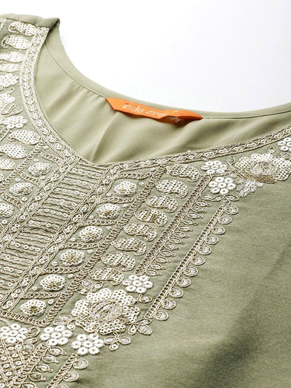Dhiyona IE Ethnic Motifs Embroidered Sequinned Liva Kurta With Trousers & Dupatta