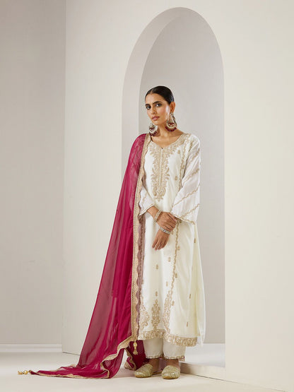Dhiyona IS Women's Off White Ethnic Motifs Embroidered Straight Kurta With Trousers & Dupatta