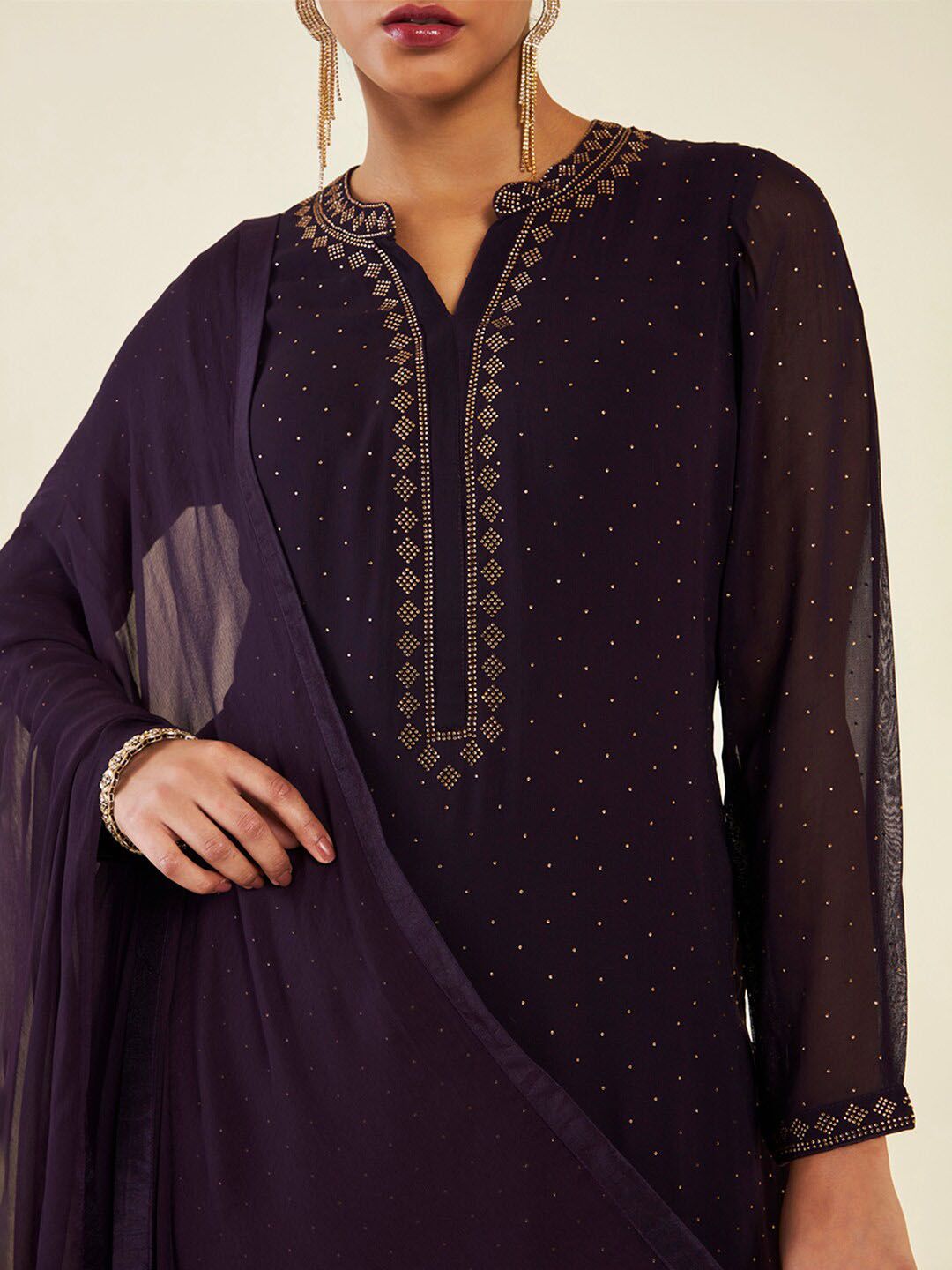 Dhiyona SO Women's Self Design Beads and Stones Kurta With Dhoti Pants & With Dupatta