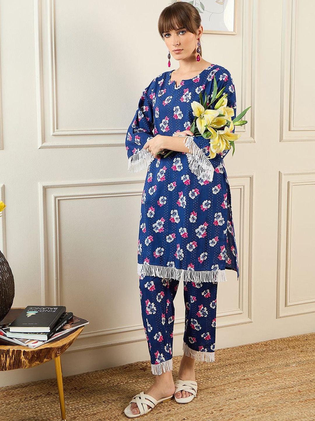 Dhiyona IE Floral Printed Sweetheart Collar Pure Cotton Tunic With Trouser