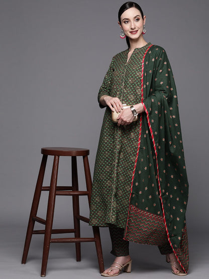 Women Green Ethnic Motifs Printed Gotta Patti Kurta with Trousers & With Dupatta
