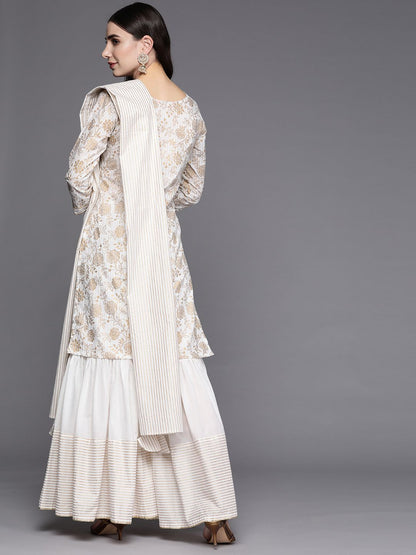 Dhiyona IE Women Off White Floral Printed Gotta Patti Kurta with Sharara & With Dupatta