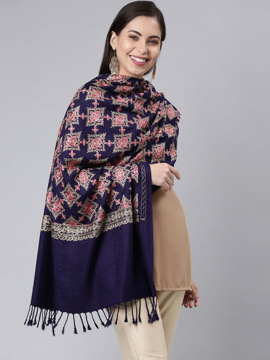 Dhiyona PA Women Navy Blue Aari Embroidered Kashmiri Shawl