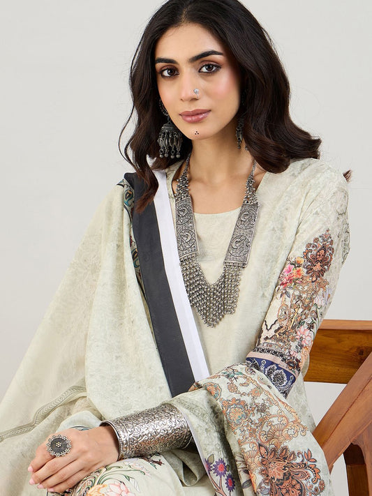 Dhiyona IE Green Floral Printed Straight Kurta with Trousers & Dupatta