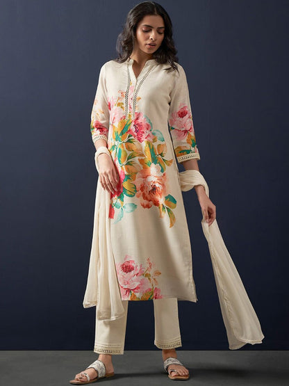 Floral Printed Beads and Stones Linen Straight Kurta with Trousers & Dupatta
