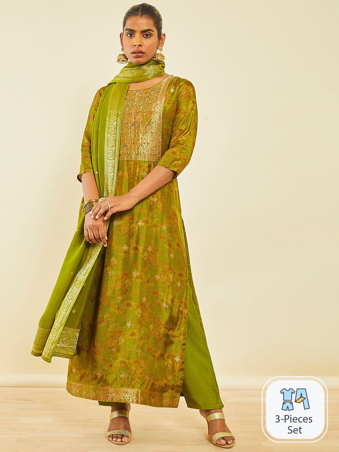 Dhiyona SO Women's Floral Woven Design Beads & Stones Detailed Straight Kurta & Trousers With Dupatta