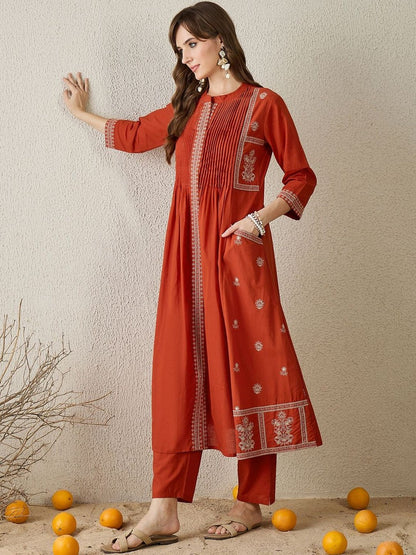 Women Ethnic Motifs Embroidered A-Line Cotton Kurta With Trousers