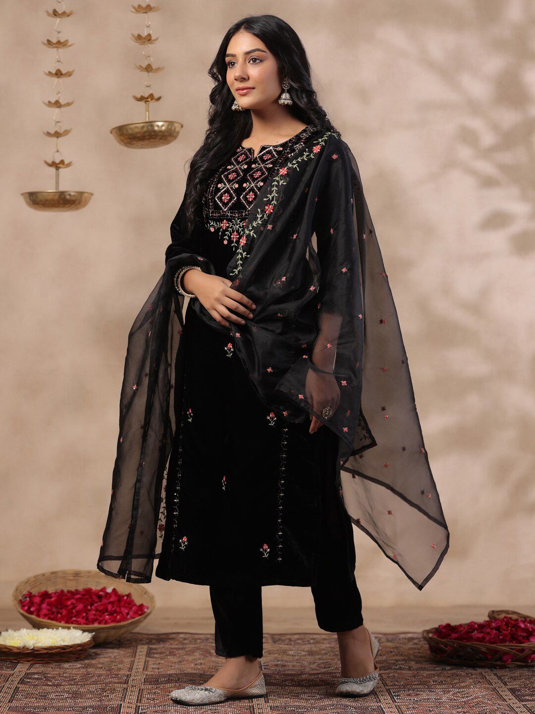 Dhiyona IS Women's Ethnic Motifs Thread Work Notch Neck Velvet Yoke Design Kurta With Trouser & Dupatta