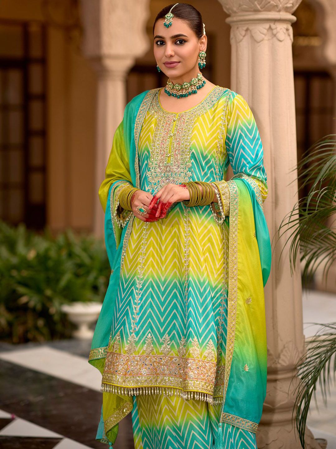 Floral Embroidered Sequinned Chinon A-line Kurta With Palazzos & Dupatta