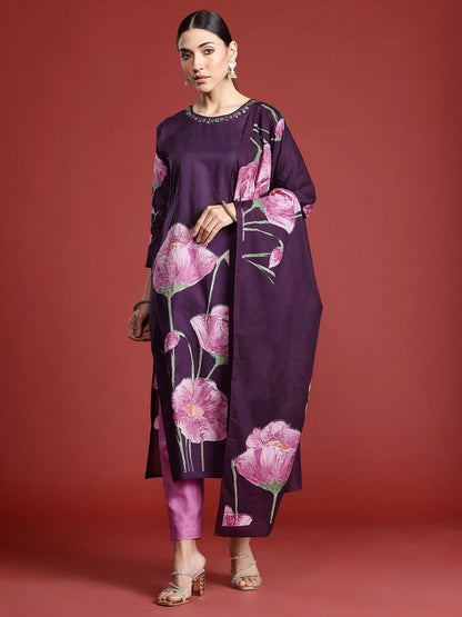 Dhiyona IE Women Floral Printed Pure Cotton Kurta with Trousers & With Dupatta