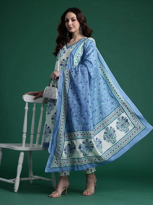 Dhiyona IE Women Floral Printed Regular Pure Cotton Kurta with Trousers & With Dupatta