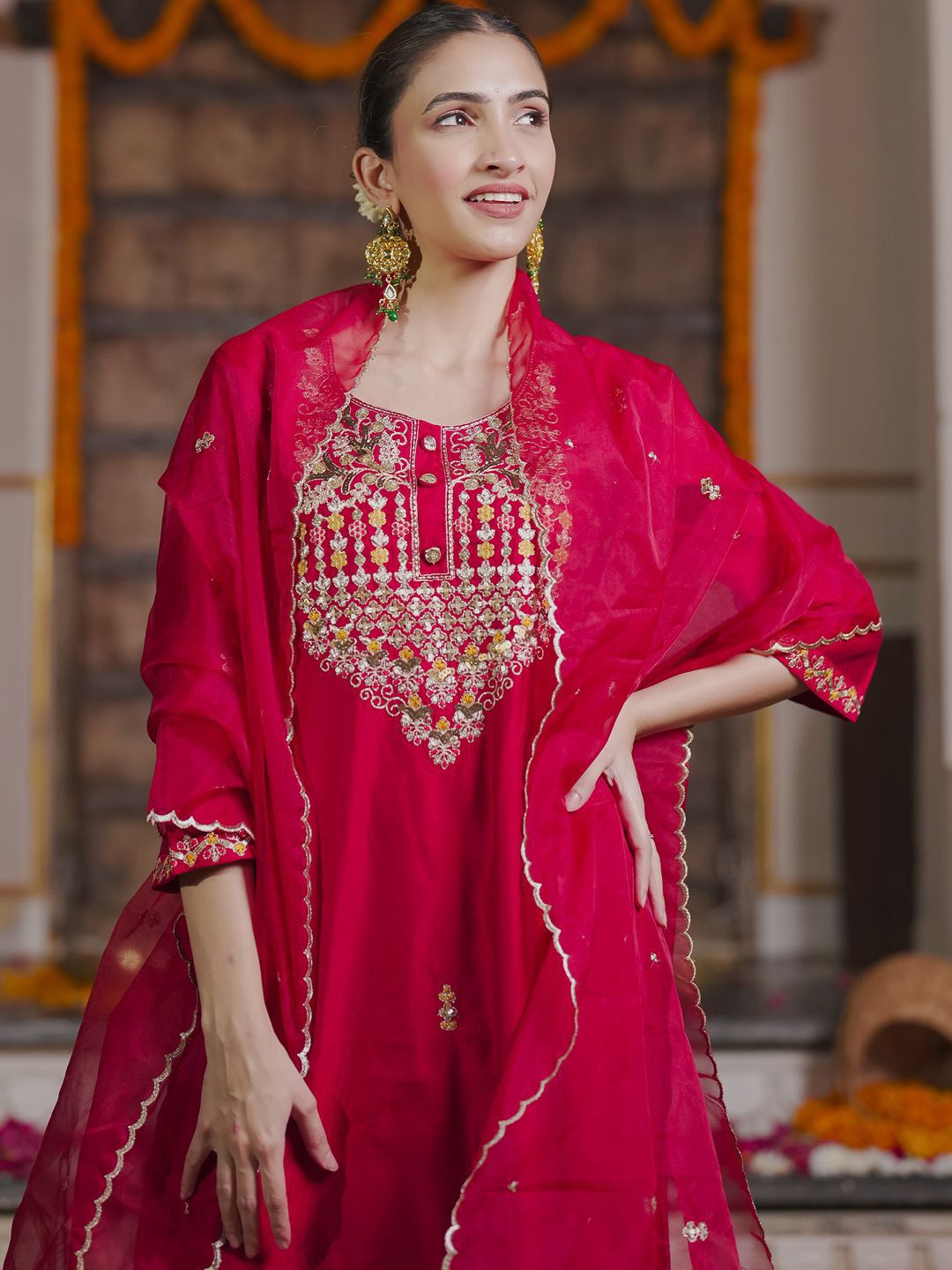 Embroidered Sequinned Straight Kurta With Trousers & Dupatta