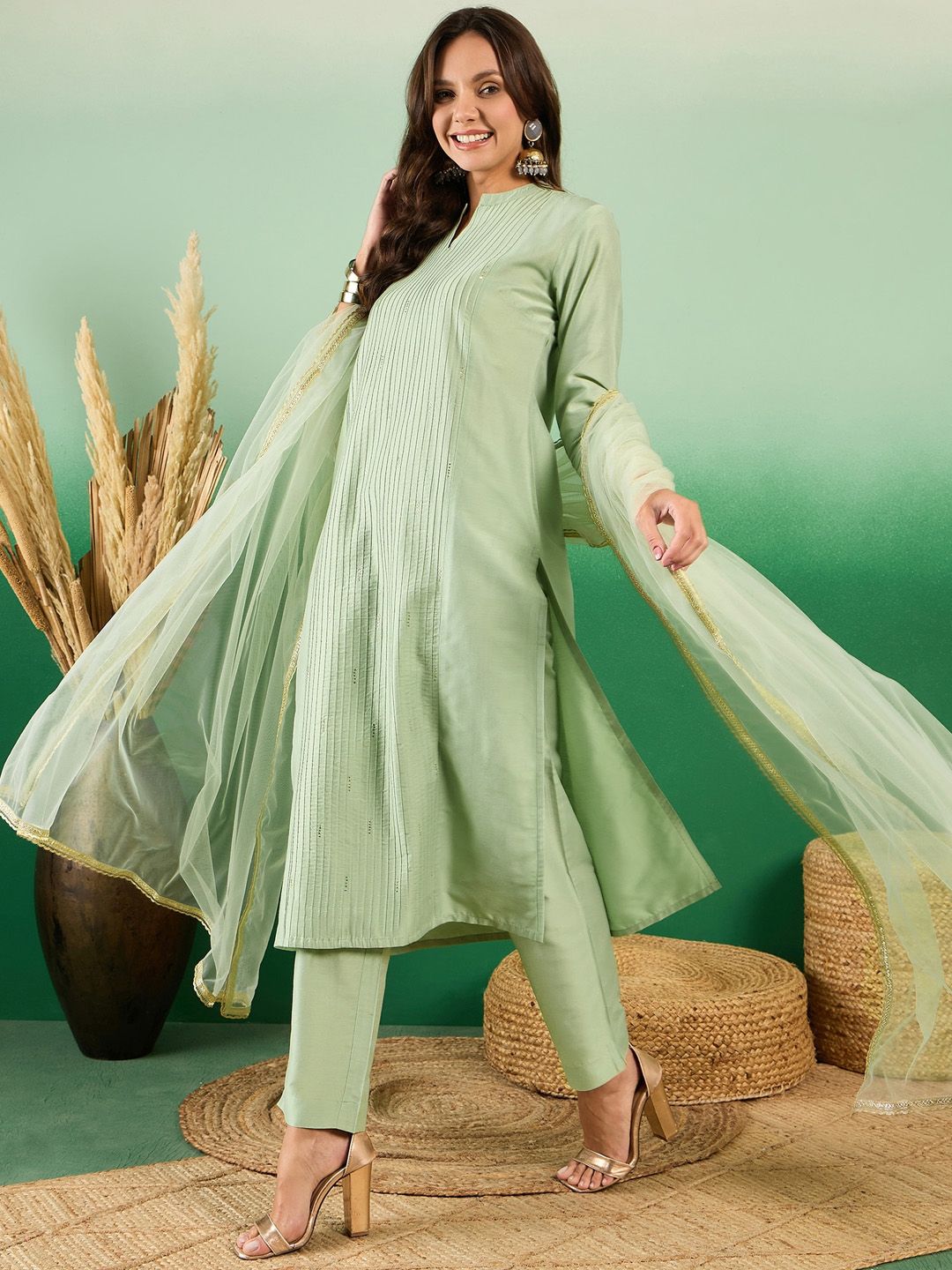 Dhiyona SN Women's Pure Cotton Band Collar Kurta With Trousers & Dupatta