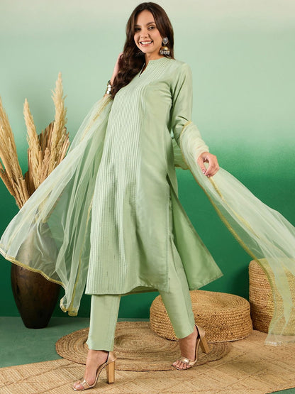Dhiyona SN Women's Pure Cotton Band Collar Kurta With Trousers & Dupatta