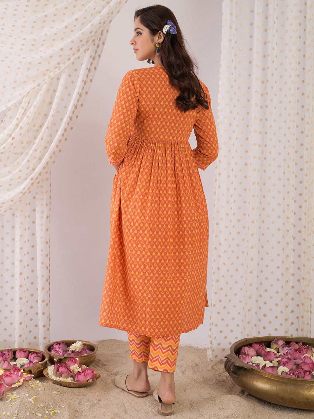 Floral Printed Empire Pure Cotton A-Line Kurta With Trousers