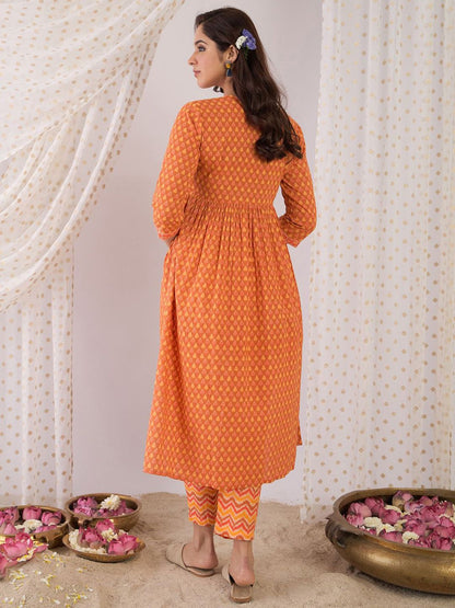 Floral Printed Empire Pure Cotton A-Line Kurta With Trousers